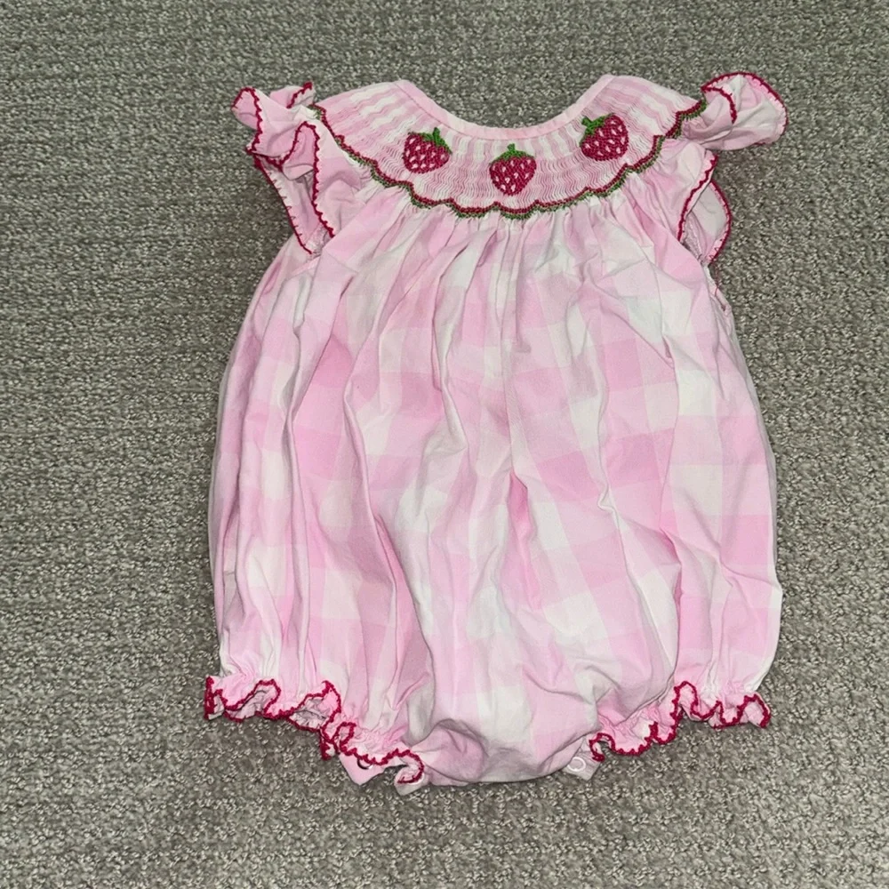 Pink Strawberry Smocked Baby One-Piece